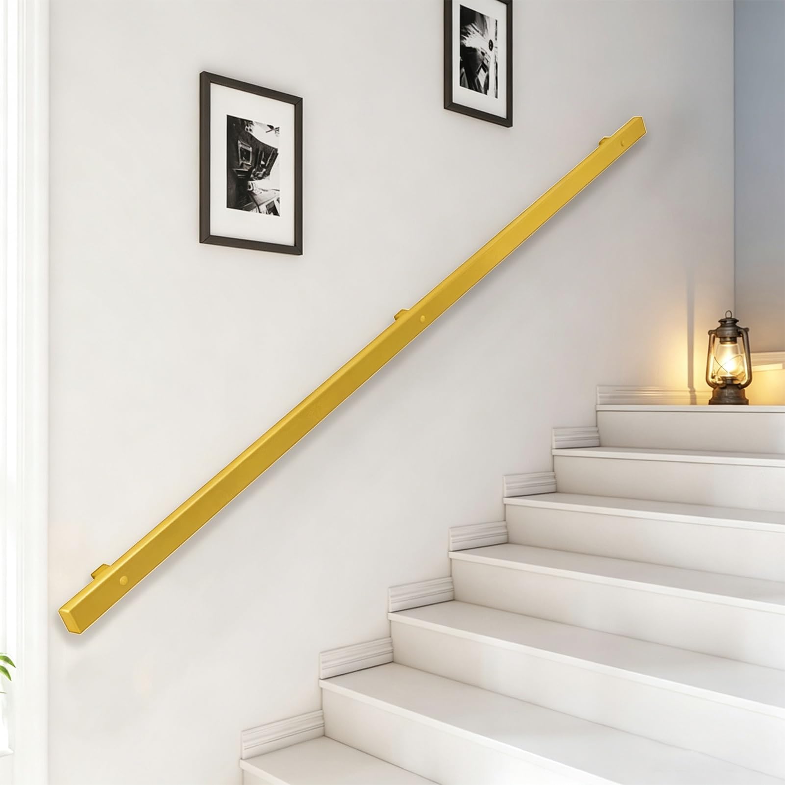 Heavy Duty Gold Metal Stairs Railing Indoor, Wall Mount Pipe Stair Handrail - Banister Hand Rails for Indoor & Outdoor Steps, Wall Grab Bars for Seniors(17ft/510cm)