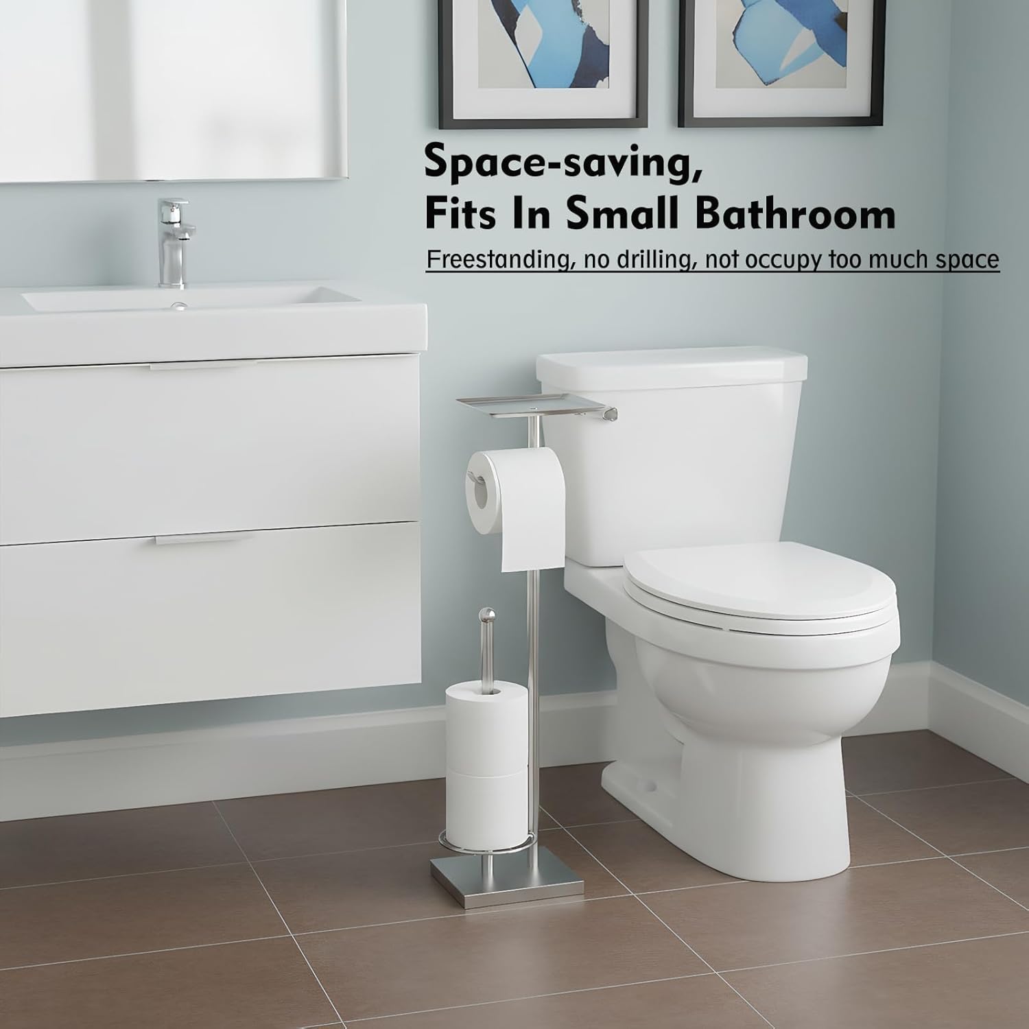 Toilet Paper Holder with Shelf, Toilet Paper Stand with Storage for Holding Extra 3 Rolls, Freestanding Toilet Paper Holder for Bathroom (Brushed Nickel with Metal Base)