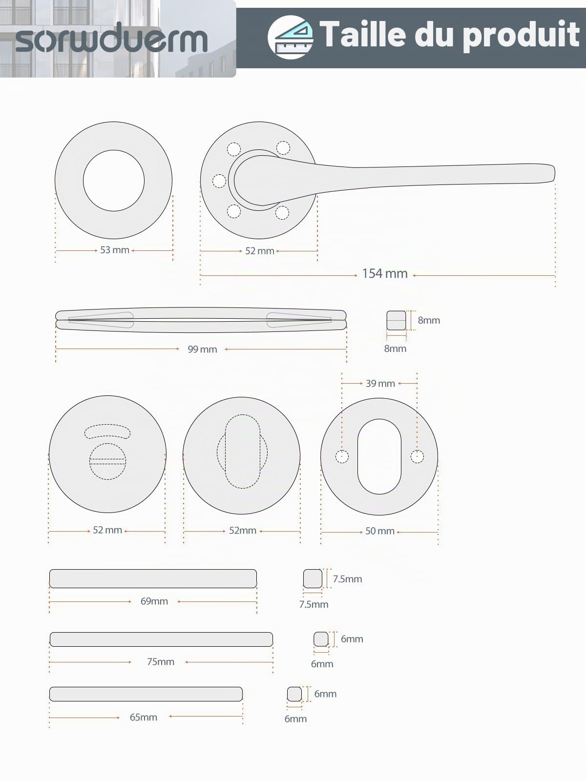 Poignée de porte en laiton antique,garniture de poignée,acier inoxydable brossé mat,ensemble de poignées pour porte d'entrée et porte intérieure,forme en L, rosace ronde,WC