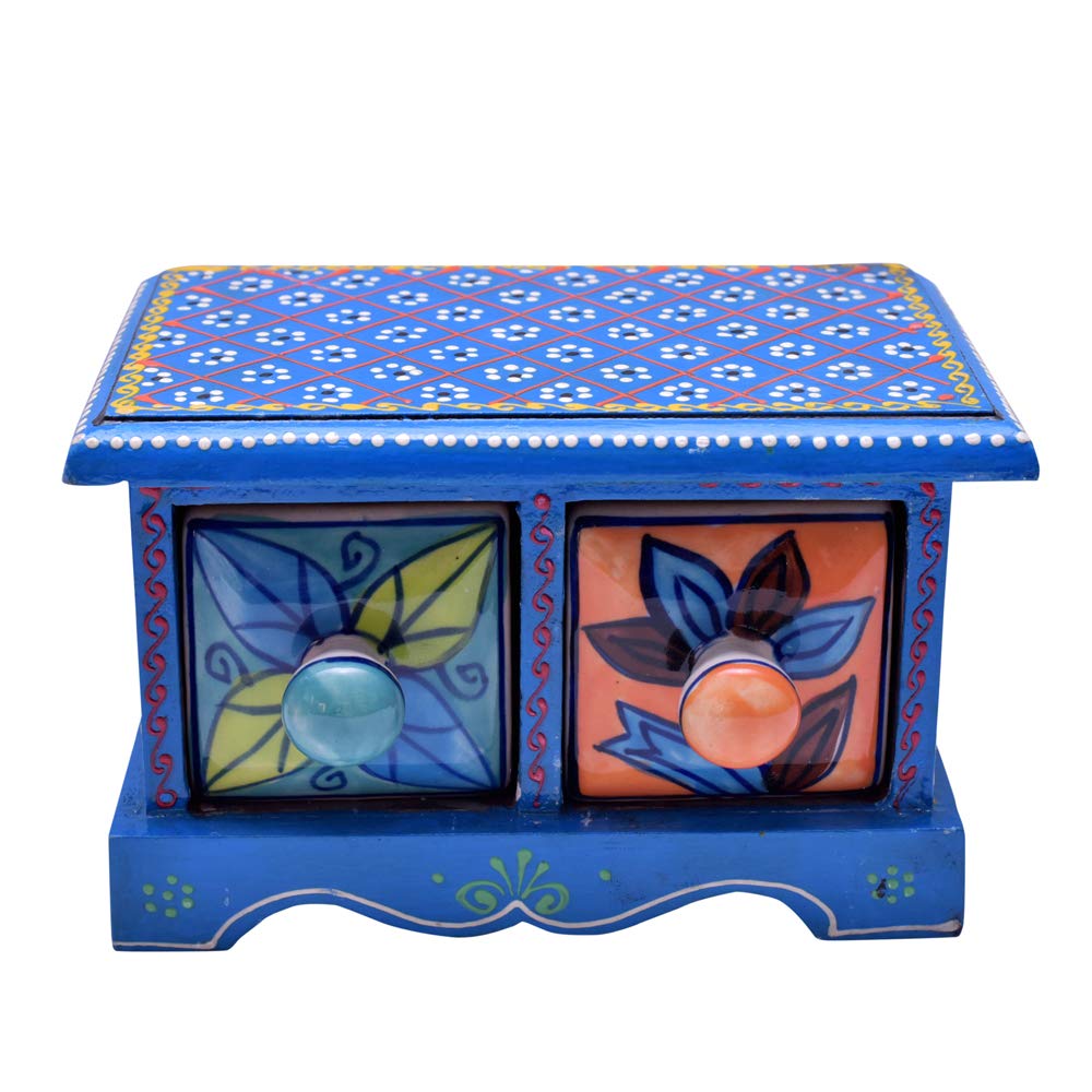 Embossed Painting Handmade Wooden and Ceramic 2 Drawers Small Chest Jewellery Organizer Desk Table (Blue)