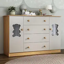 Cômoda Infantil Teddy Multimóveis Mp4490 Madeirado/Off White 125cm com 2 Portas de Vidro e 4 Gavetas