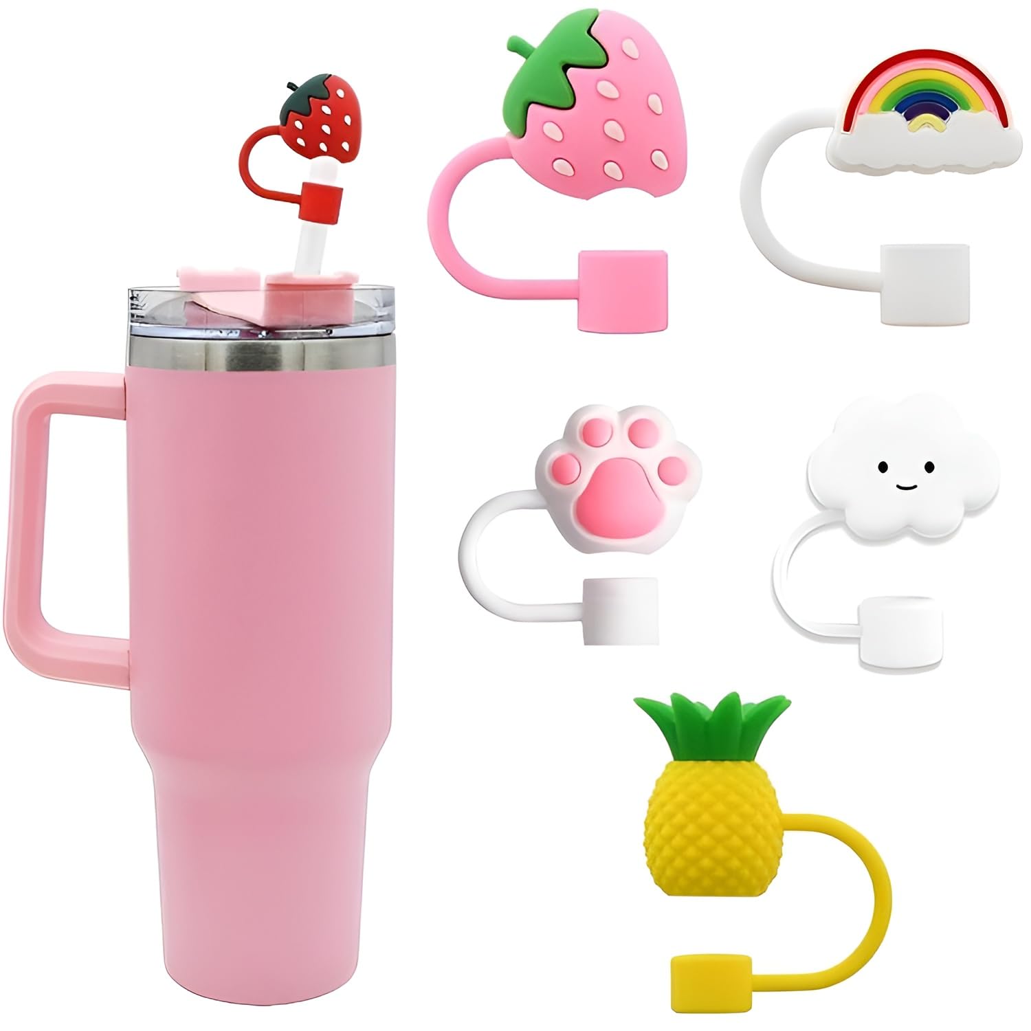 Mishi Cute Silicone Straw Cap Different Cartoon Cover for Stanley Cups & Tumblers Reusable Dust-Proof Cap Set Animal & Flower Design Silicone, Fit for 9mm to 10mm Straws (3)-image-15