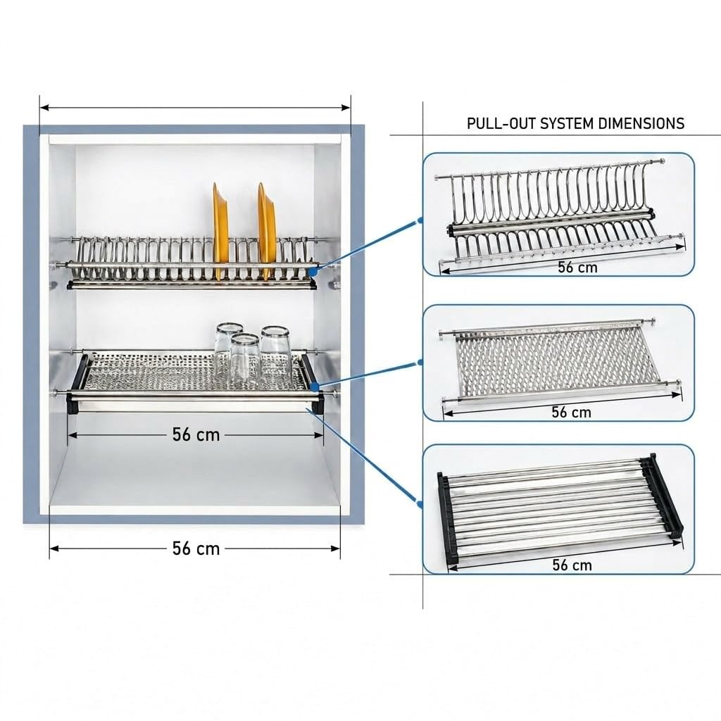 MAKA Scolapiatti da Incasso per Pensile 56 cm in Acciaio Inox a 2 Livelli, Portapiatti Verticale e Ripiano Bicchieri Tazze con Vaschetta Raccogligocce Estraibile, Scolapiatti da Mobile Cucina