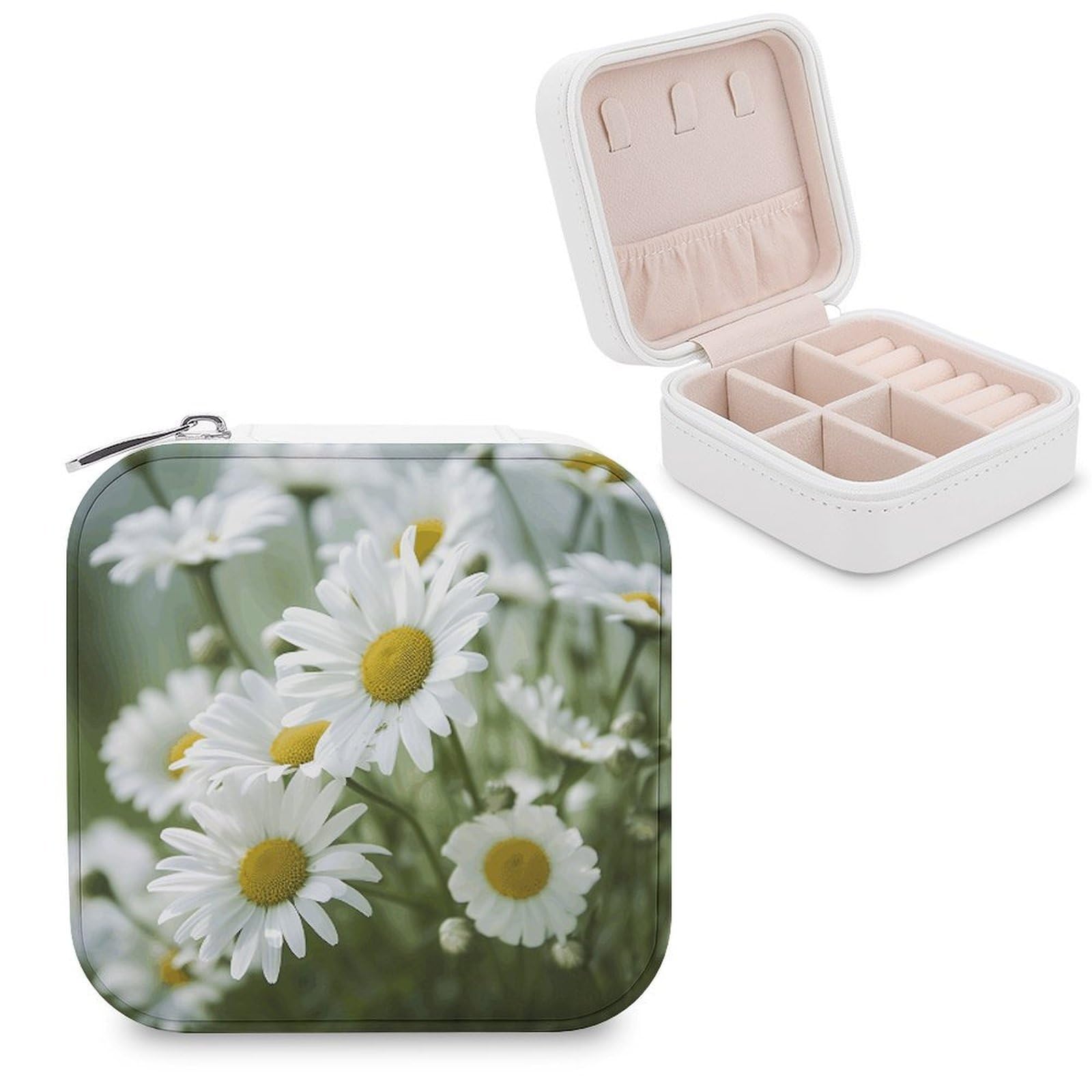 JTREHY Travel Daisies Flower Jewelry Case Portable Display Storage Box PU Leather Mini Jewelry Travel Case Personalized Travel Jewelry Organizer Small Jewelry Box for Women