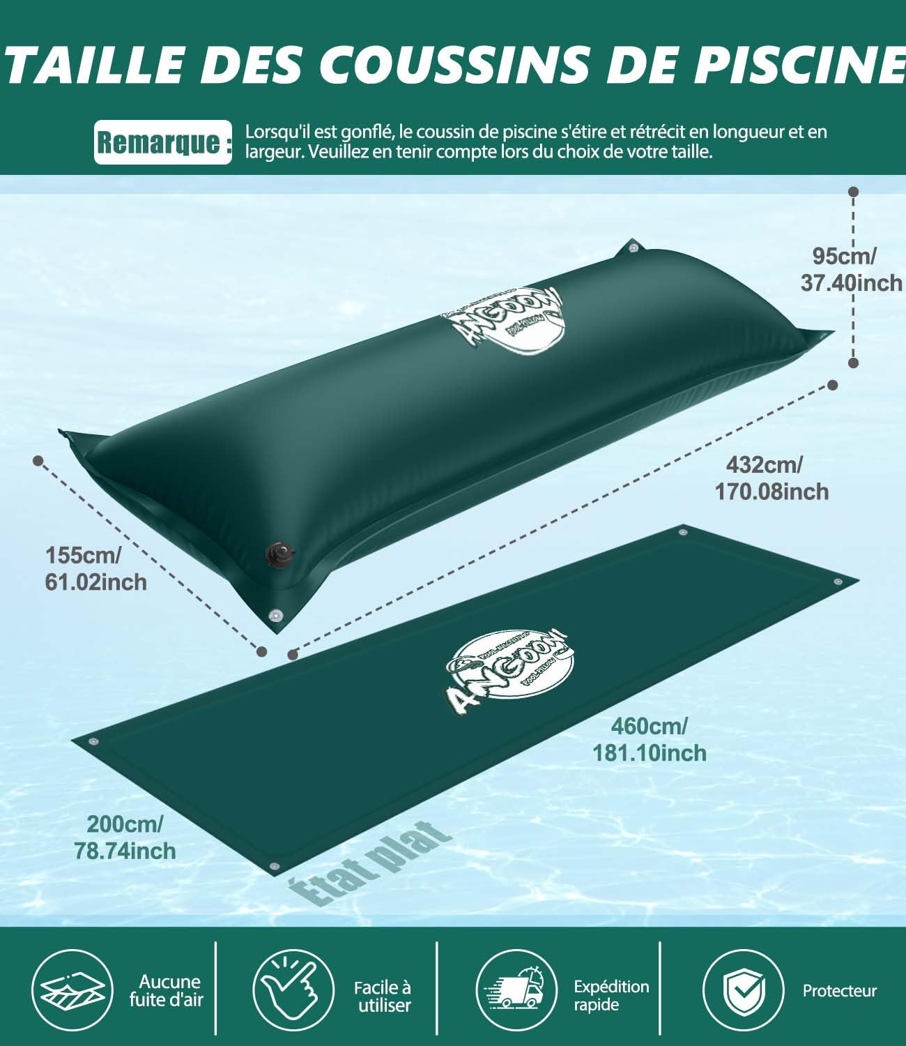Angooni Coussin de piscine d'hiver 200 x 450 cm XXL | Coussin d'air pour piscine avec double couture pour couverture de piscine | Coussin de piscine pour l'hiver avec valve Boston double inflation |