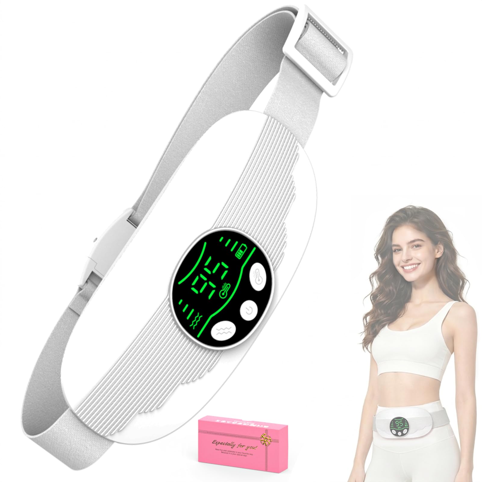 AMZBOSS Fascia Riscaldante Dolori Mestruali – 3 Temperature & 3 Modalità di Vibrazione, Period Relief, Comfort in Ufficio, Regalo per Donne(Bianco)
