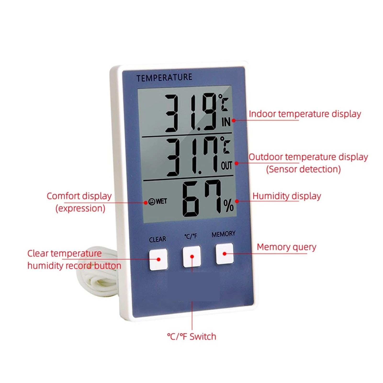 Termoigrometro Termometro Digitale Igrometro Misuratore di umidità della Temperatura Interna ed Esterna C/F Display LCD Sensore sonda Stazione meteorologica