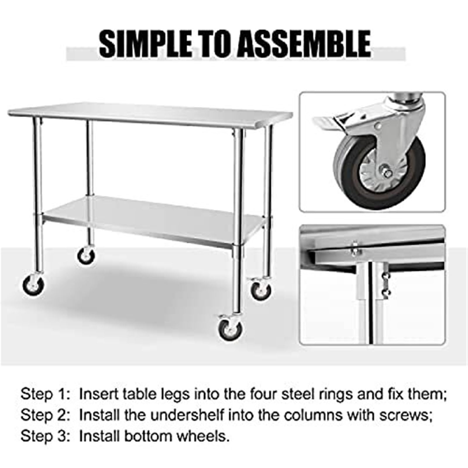 Tavolo da lavoro in acciaio inox con ruote bloccabili e ripiano inferiore, 121 x 61 cm, multifunzionale, per cucina/sala da pranzo, per uso domestico e ristorante, facile da spostare e versatile