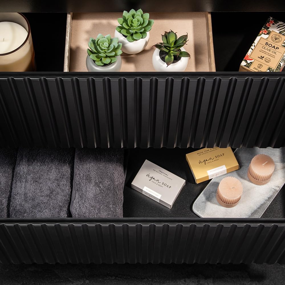 Mobile Da Bagno Lomadox 60 Cm Nero Scanalato – Con 2 Cassetti Softclose E Piano Lavabo, Design Salvaspazio