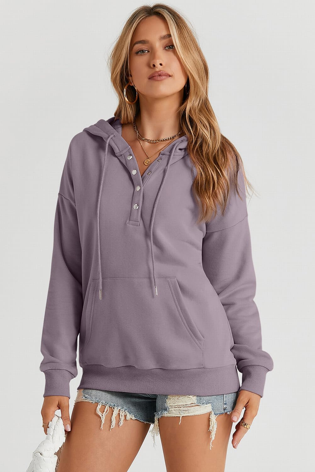 Dokotoo Womens 2025 Hoodies Button Collar Drawstring Hooded Pullover Sweatshirt Casual Long Sleeve Tops Shirts