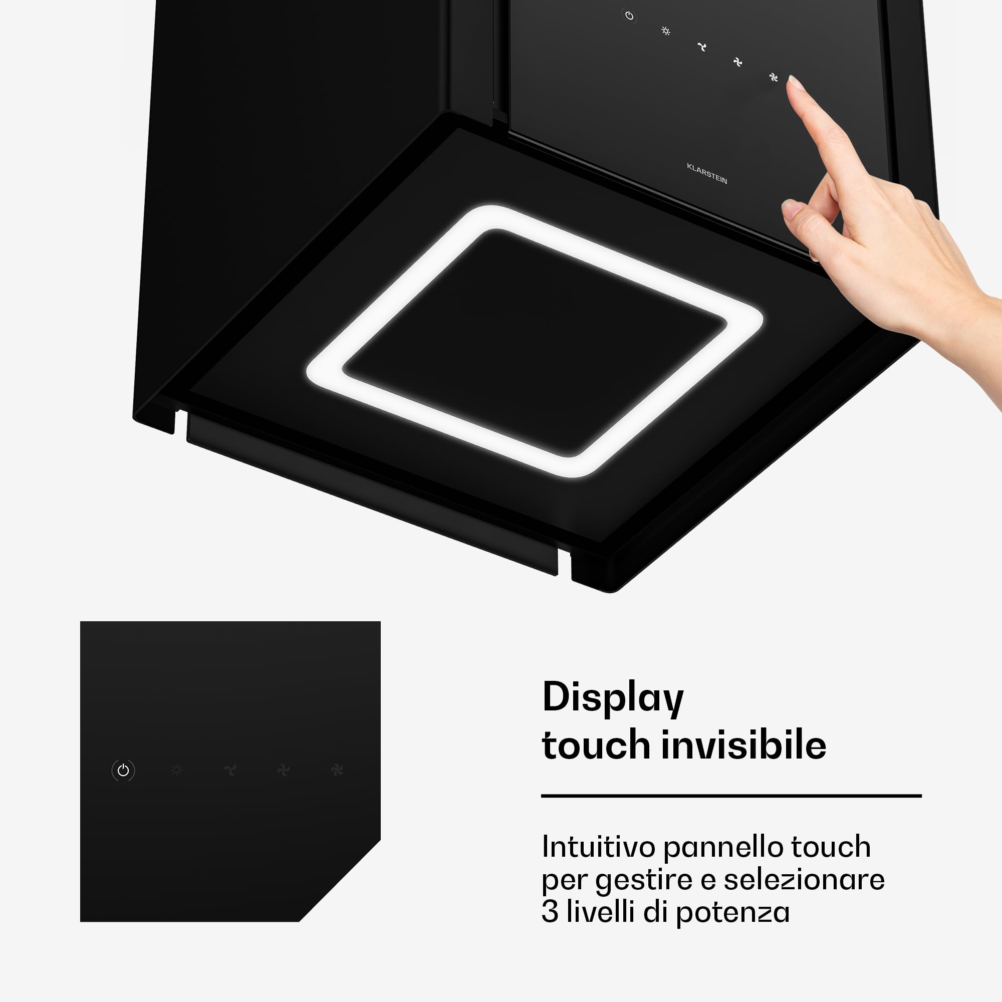 Klarstein Velaire - Cappa Aspirante a Soffitto - 601 m³/ora, Efficienza A++, Touch, LED, Filtro a Carboni Attivi, 41x41x40 cm, Cappa Filtrante da Cucina Sospesa, Nera