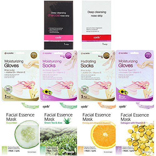 Epielle Assorted Skincare Samples | Facial Masks, Nose Strips, Moisturizing Socks & Gloves | (Pack of 10)