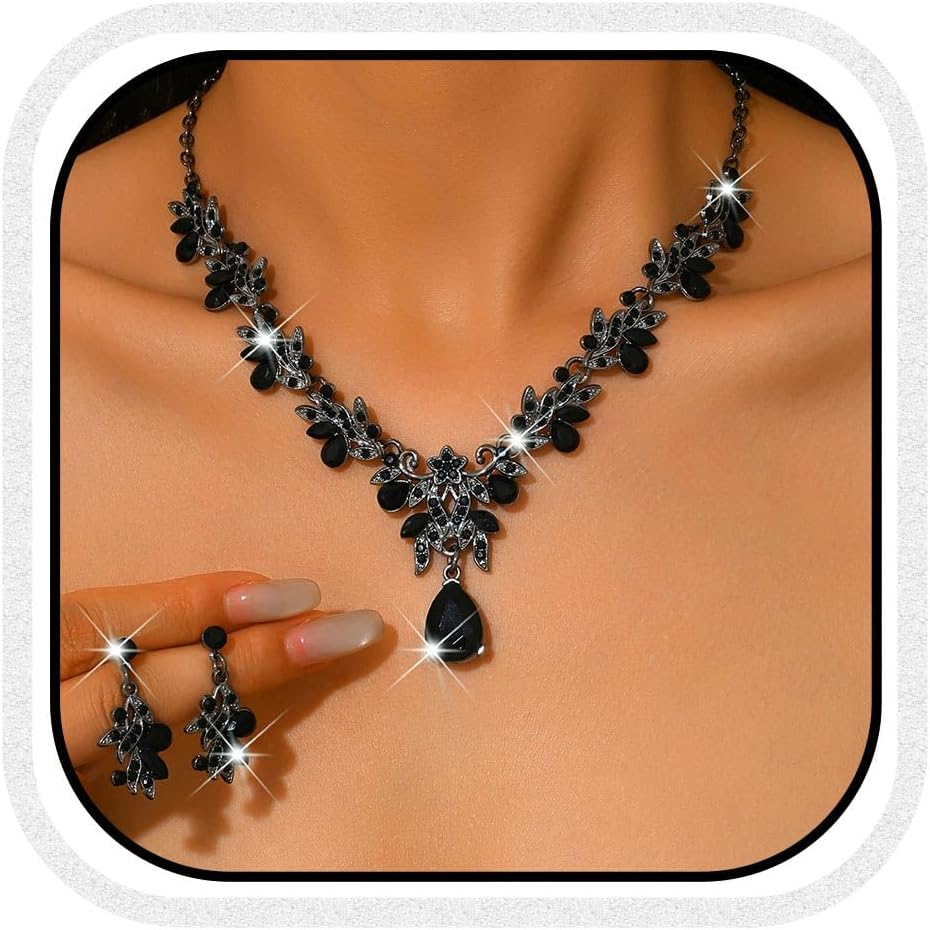 Unicra Rhinestone Bridal Wedding Jewelry Sets Gold Necklace Earrings Set Leaf Prom Formal Costume Jewelry Set for Women and Brides