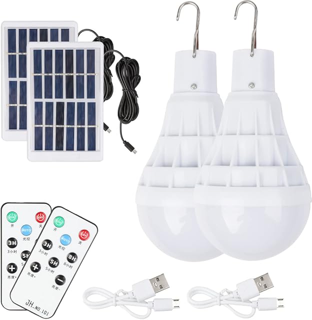 WUYOR Solar Powered Shed Light Led Bulb 2 Pcs, Lantern Lamp with Remote Control Lamp Indoor Outdoor Garden with Solar Panel, Dimmable Rechargeable for Camping Fishing Lighting
