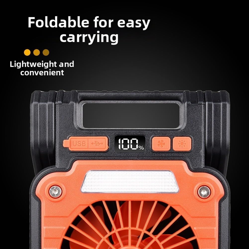 Ventilateur solaire rechargeable de tente portable avec lumière LED et batterie externe, ventilateur de bureau USB réglable à 90° pour randonnée en plein air