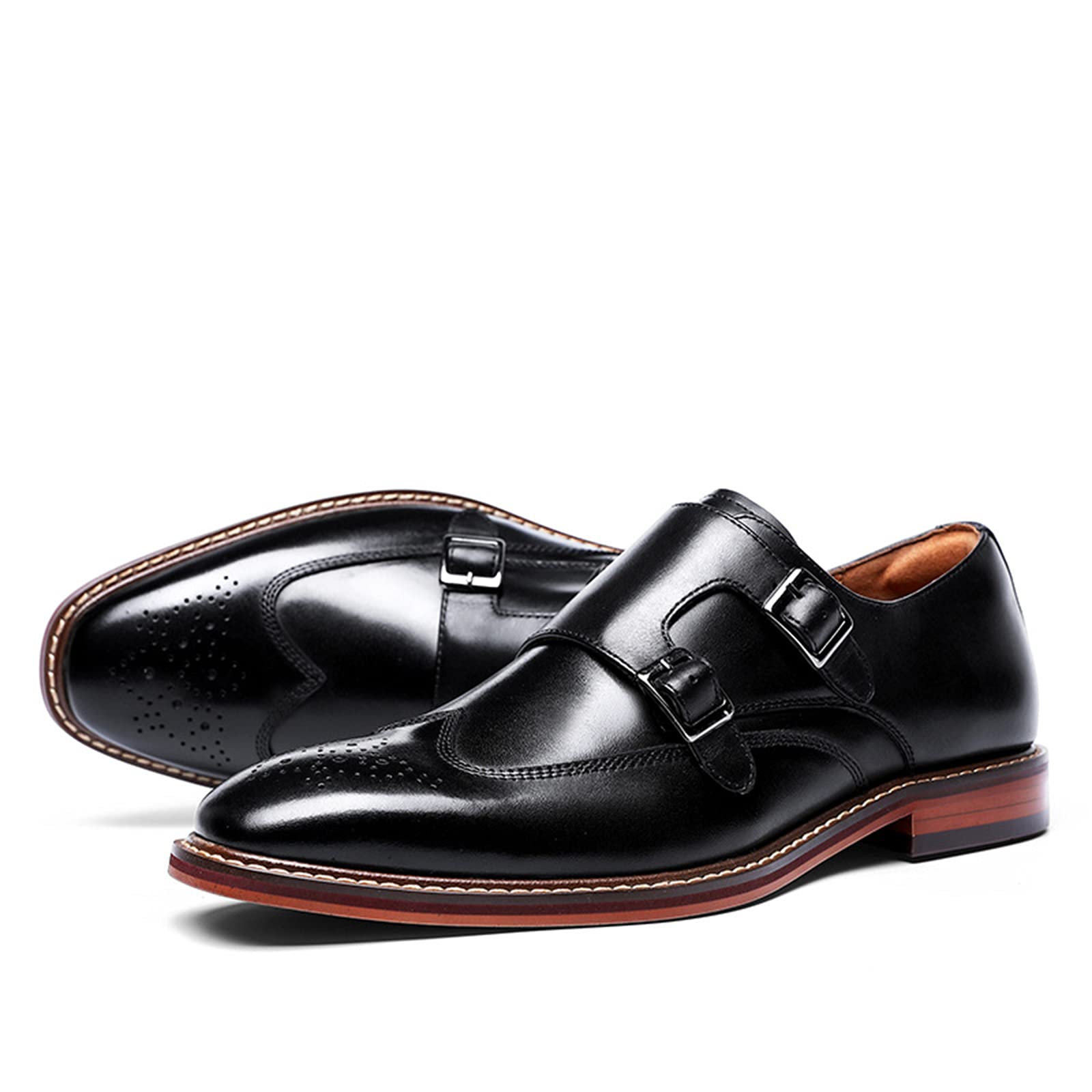 Zapatos Formales para Hombre, Zapatos Monje con Doble Hebilla, Cuero, Correa clásica, Deslizamiento en la Punta del ala, Brogue, Vestido Informal de Boda, Mocasines Black- US8.5-9/UK7.5-8/EU41