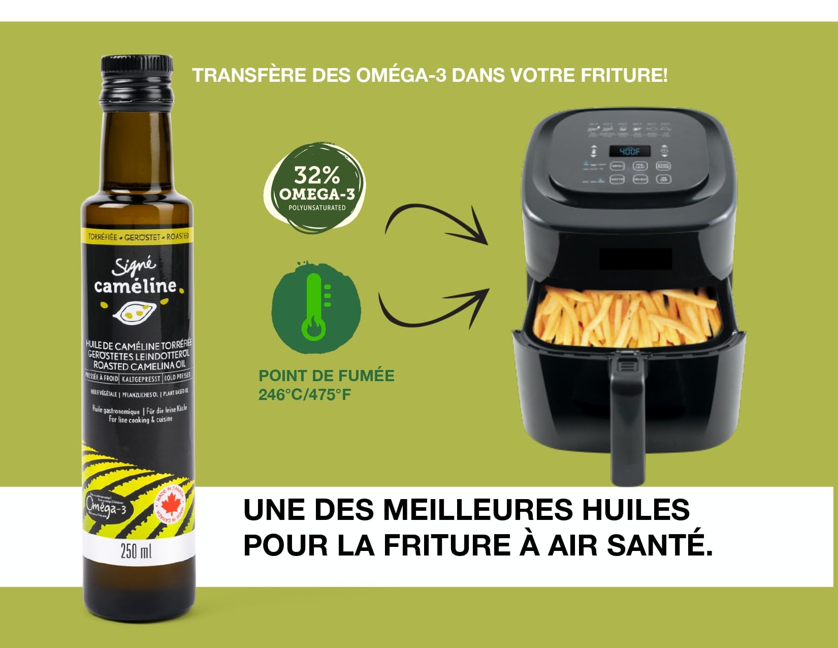 Signé Caméline, Huile de Cameline torréfiée pressée à froid, 250 ml. Notes d'huile de sésame et de noisettes grillées, cuisine asiatique, nouilles ramen, sushi, sautés. Produit du Canada.