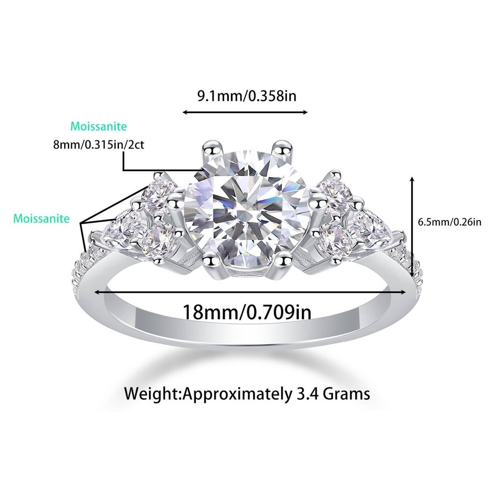 Ring Frauen, Ringe Damen Vintage mit 4 Krappen Rundem Moissanit 2 Karat Silber 14K Weißgold Größe 56 (17.8)