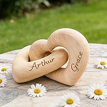 Personalized Wooden Heart Sculpture for Couples,Custom Name Engraved Love Symbol Decor, Romantic Anniversary Wedding Valentine's Day Gift for Her Him, Solid Wood Tabletop Ornament (Style - 1)