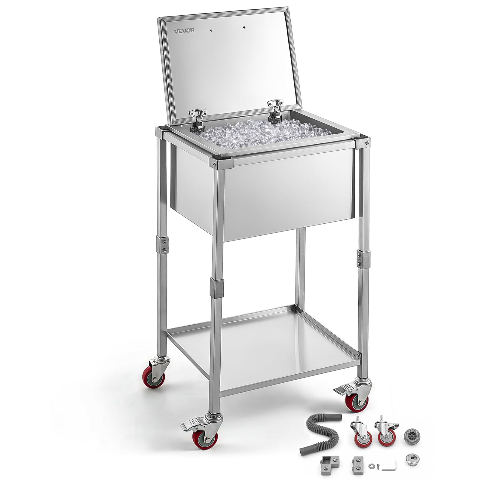 VEVOR Commercial Ice Bin, Underbar Ice Bin, Stainless Steel Ice Chest with Sliding Lid, Bottle Holders, Adjustable Bullet Feet, Cooler Cart Cocktail Unit for Bar Restaurant Pub