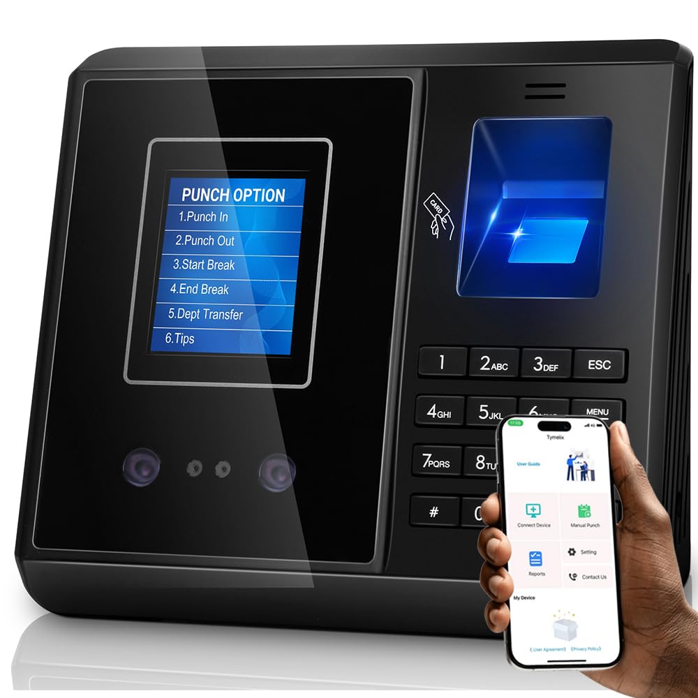 Time Clock, App-Based, Face, Card &Fingerprint Attendance Machine for Employees Small Business, Time Clocks with 10 IC Card, iOS/Android App No Monthly Fee
