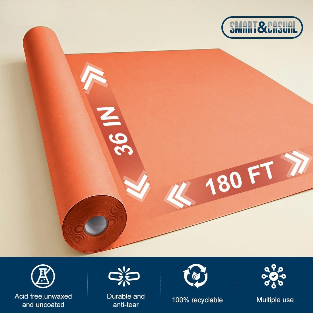 SMART&CASUAL OrangeRed Kraft Paper Roll 36" x 2,160" (180') for Gift Wrapping Bouquet Flower Art Painting Craft Writing Packaging Shipping 80GSM 55LB (OrangeRed, 36" x 180')