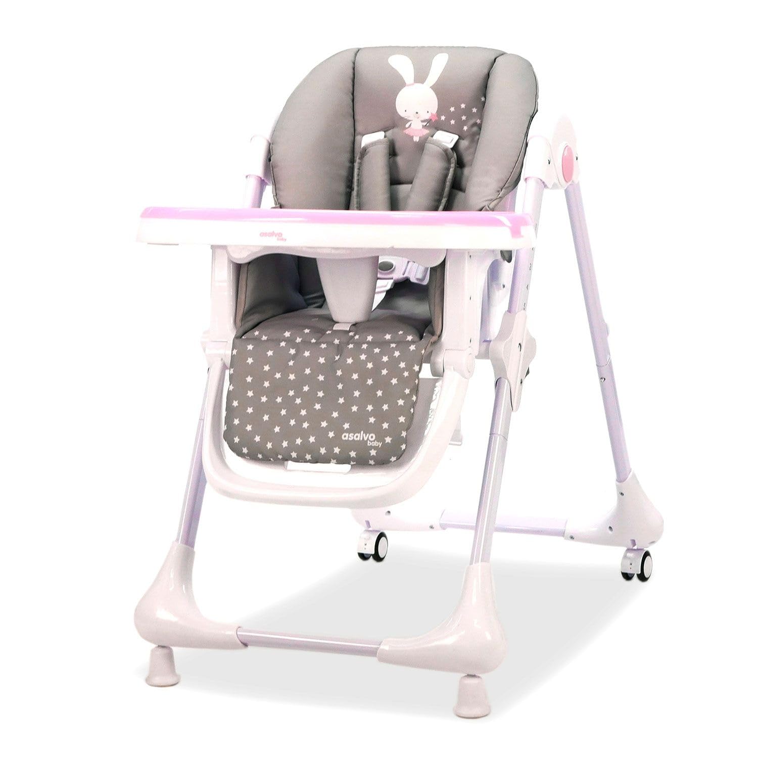 Trona CHEF con Ruedas para Bebé – Altura y Respaldo Reclinables, Bandeja Doble Extraíble, Arnés 5 Puntos, Plegado Compacto, Textil Lavable – Conejito Rosa Asalvo
