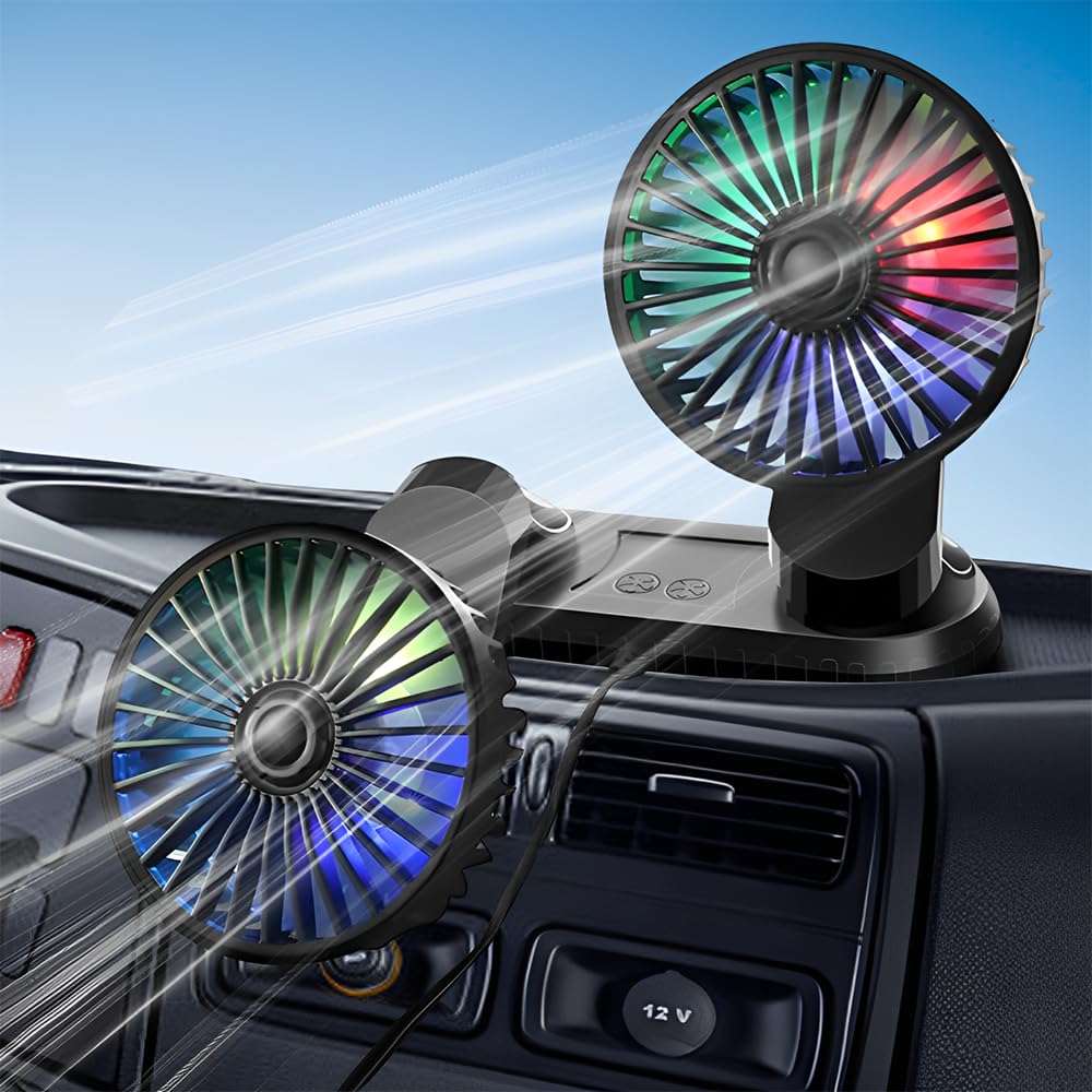 NAVESO Wentylator samochodowy 12/24 V, podwójna głowica USB, 3 prędkości, kolorowe światło, ładowanie, przenośny, 360°, do kampera, SUV, RV, ATV, ciężarówki