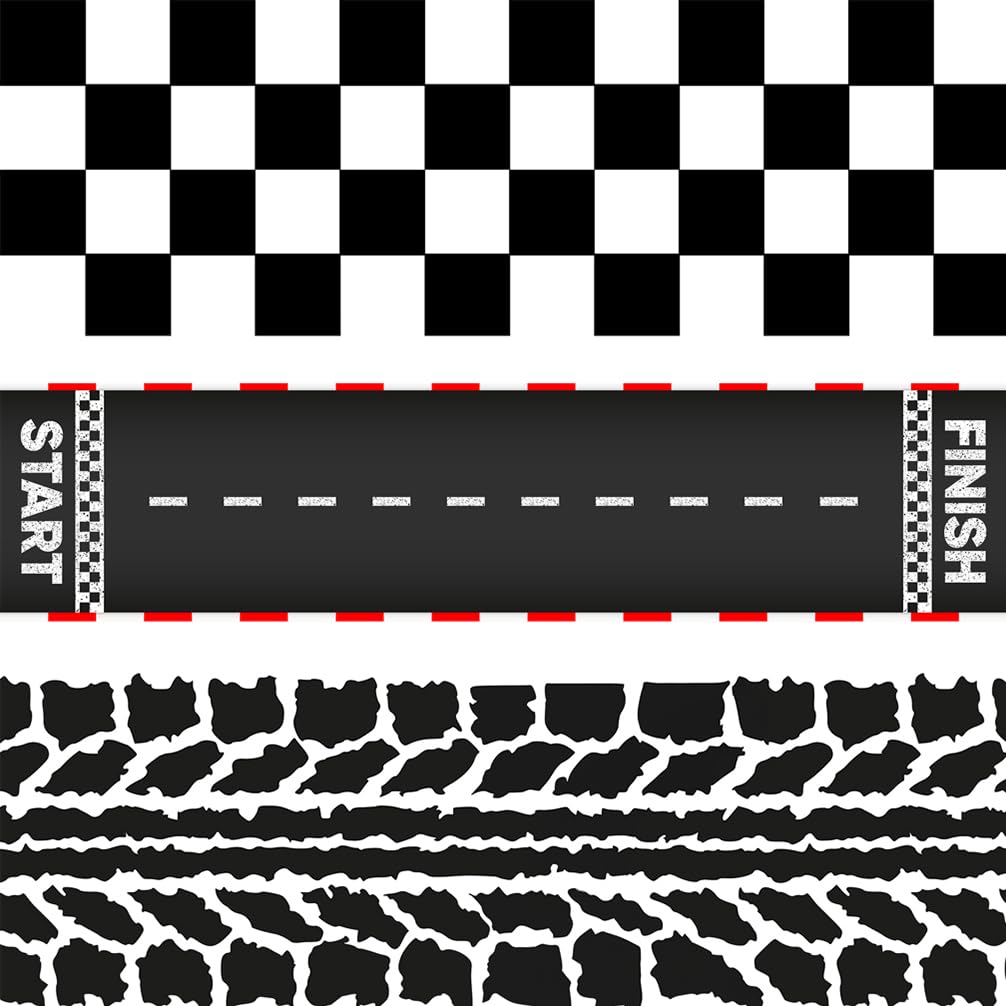 FUNSHOWCASE Race Car Edible Cake Wrap Topper Decoration, Checkered Flag, Racing Track, Tire Border, 4 x 12 Inches per Sheet