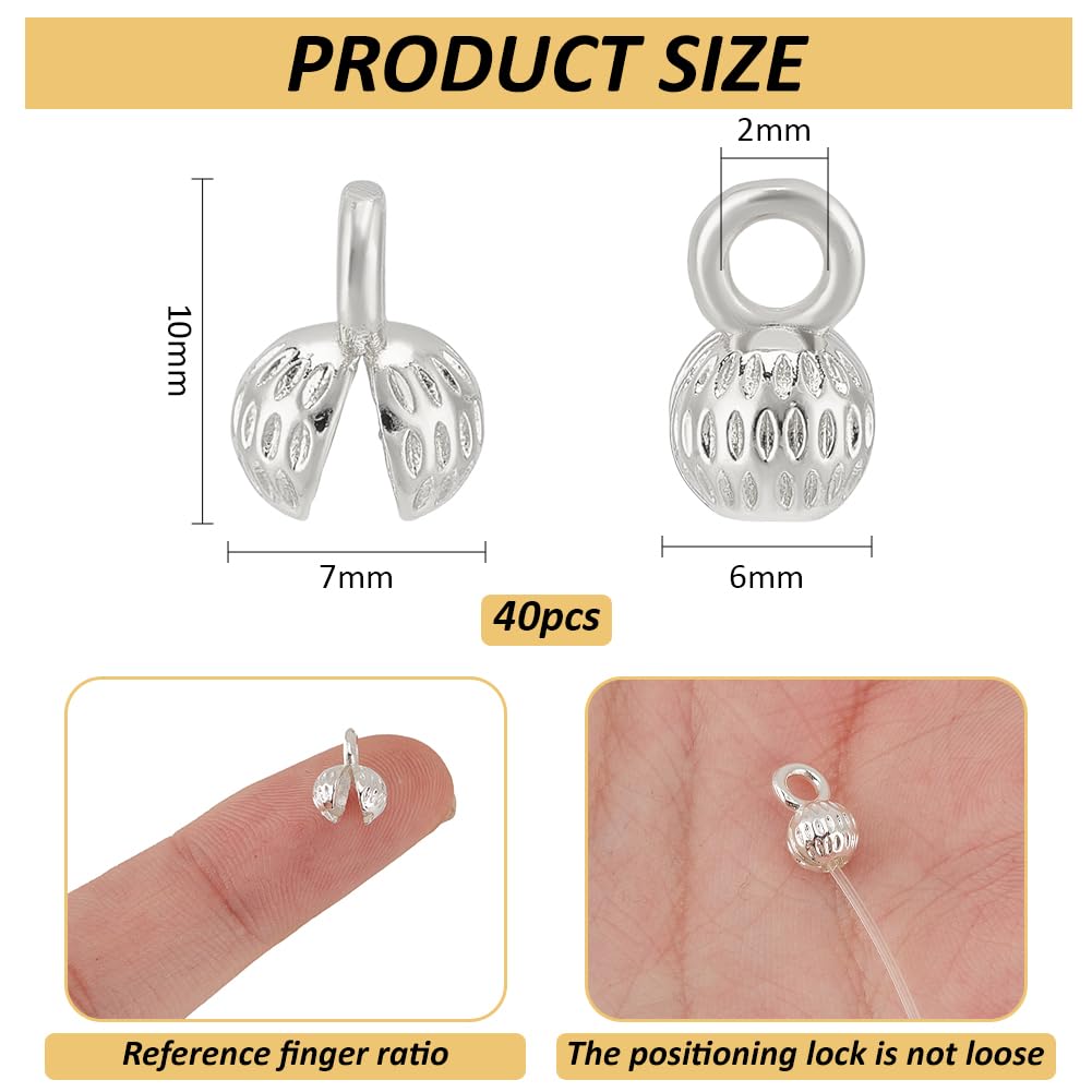 BENECREAT 40 pz. Perline di Copertura A Cricchetto Placcate In Argento, Punte per Perline A Conchiglia In Ottone, Terminali A Catena Calotte Terminali, Coprinodo per Collana, Risultati Fai Da Te