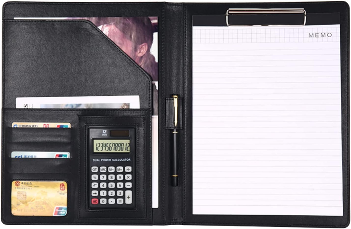 Excefore Padfolio Folder Clipboard, Professional Leather Office Conference Executive Business Portfolio Case with Document Sleeve A4 Size Clipboard, Card Holders, calculator, Black