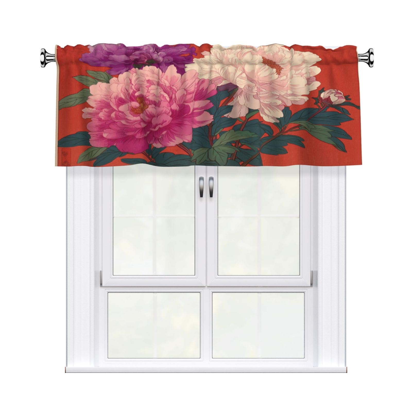 Woshuwo Three Pink And Purple Peonies Valances For Windows Rod Pocket Window Treatment Short Curtains For Kitchen Living Room Bedroom Decor 54x18in