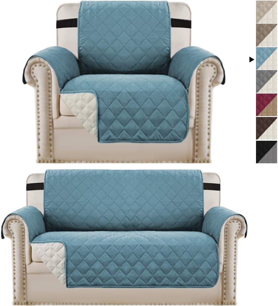 H.VERSAILTEX Reversible Smoke Blue Chair Cover and Oversized Loveseat Cover Bundle