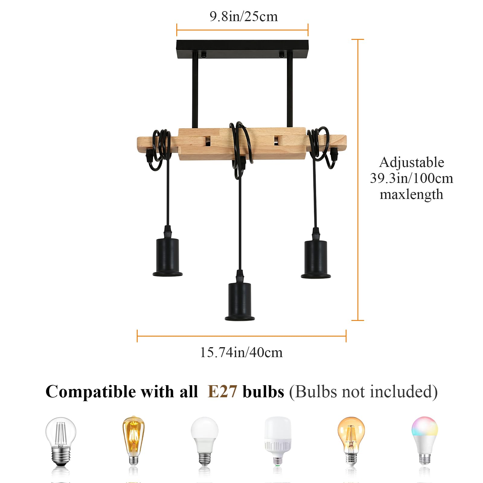 Toolight Suspension Luminaire Industrielle Rétro, Lustre Industriel en Bois, Lustre Réglable Vintage en Métal Noir E27 pour Salon Cuisine Chambre à Coucher (Ampoule non Incluse)