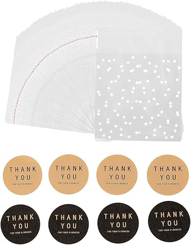 400 bolsas de dulces de lunares blancos autoadhesivas, 200 bolsas de celofán transparente + 200 pegatinas de agradecimiento para panadería, galletas