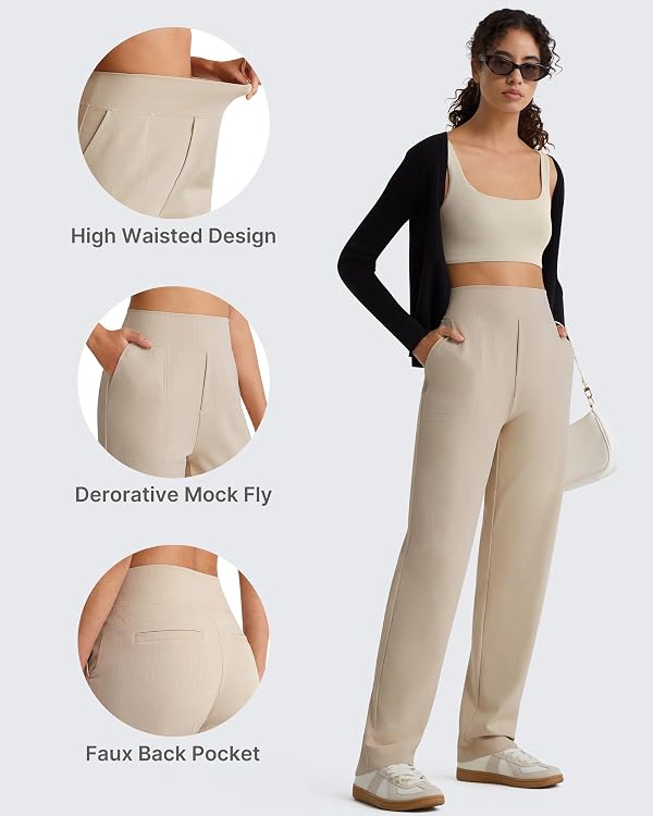 G4Free Business Casual Pants for Women High Waist Work Pants Straight Leg Trousers Office Outfits Daily Wear Dressy Clothing (Khaki Pinstripe,L,Regular) by G4Free - Used condition - Image 4