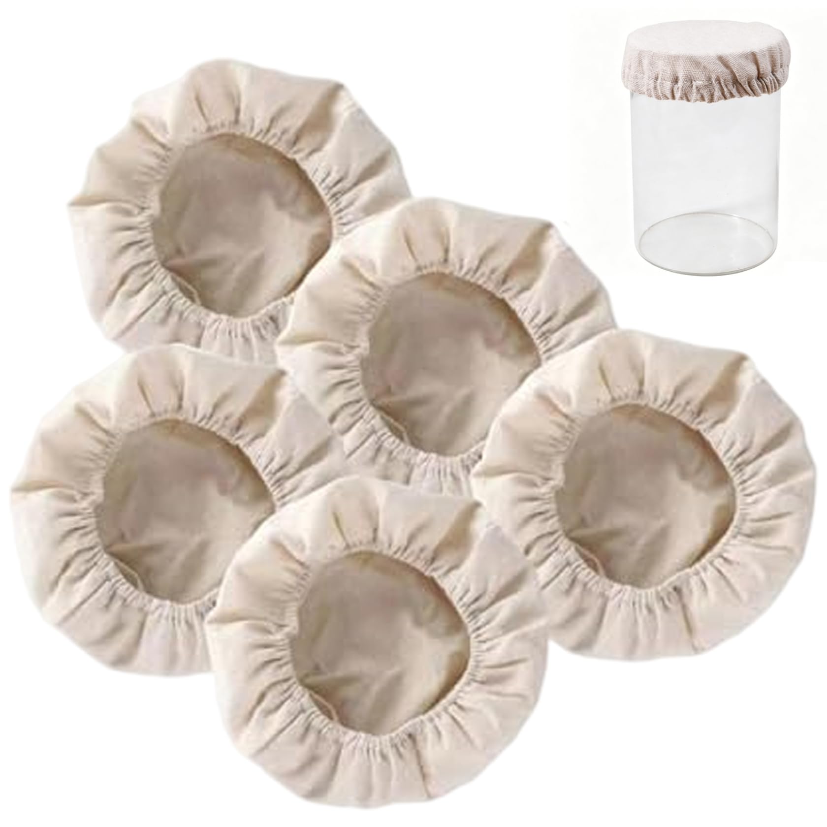 Otbushit Sourdough Starter Jar Covers, 5 Pcs Elastic Fermentation Lids for 4-4.5 Inch Jars, Unbleached Organic Cotton Fabric Covers for Kefir, Bread Starters