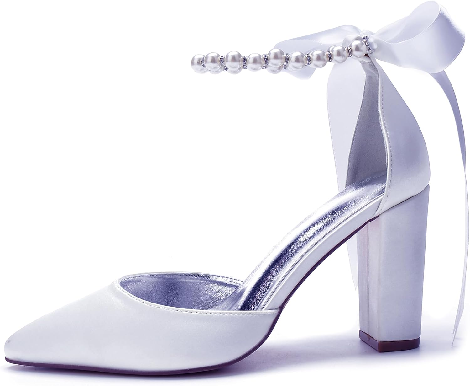 Women's Pearl White Wedding Shoes for Bride High Heels Pointed Toe Bridal Shoes Satin Block Heels Prom Party Dress Pumps Sandals - Image 2