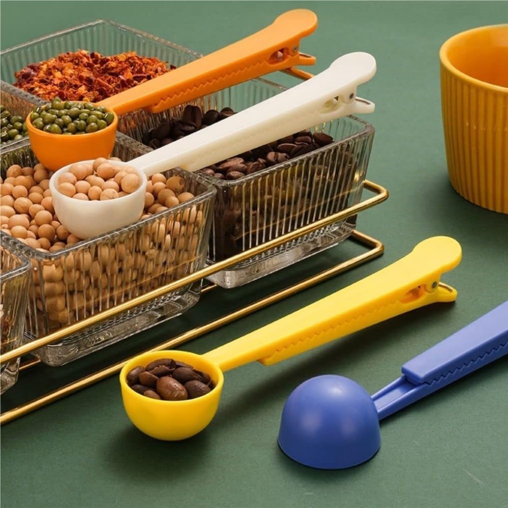 Spoons 4pcs Coffee Scoop Clip, 2-in-1 Plastic Coffee Spoon with Clip, Multifunctional Long Handle Measuring Spoon Bag Clip for Coffee