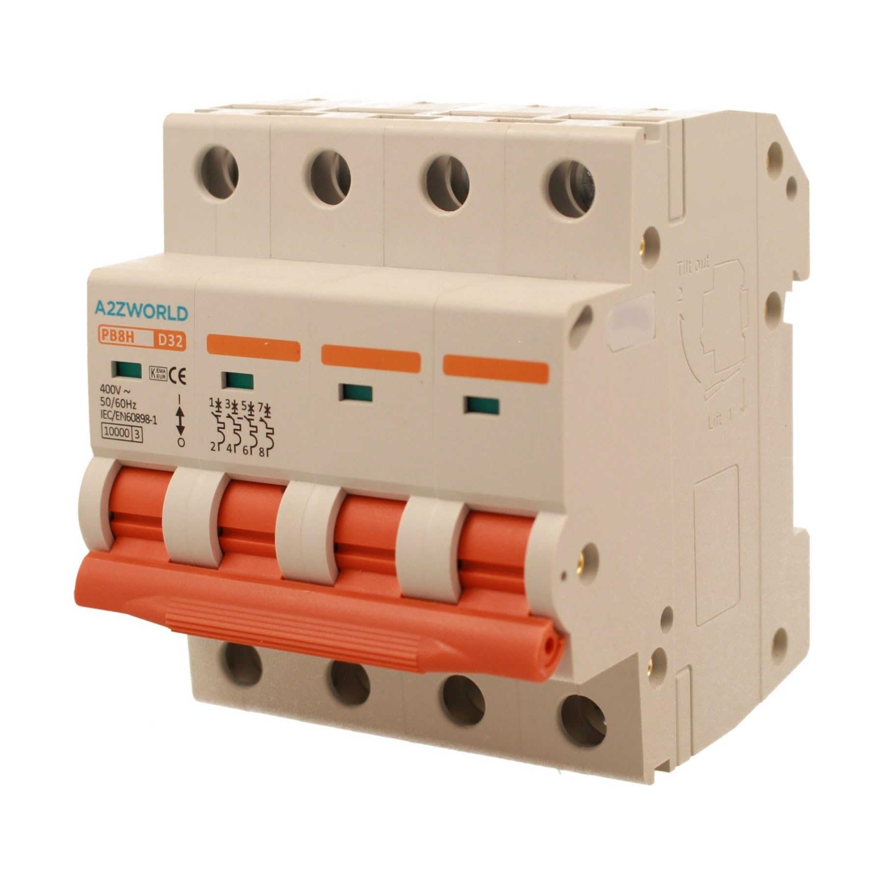 Interruptor magnetotérmico trifásico 4P 32A D32, curva D 10kA, 4 módulos DIN 380 V AC, certificado IEC60898-1, serie PB8H profesional