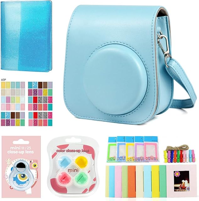 Berfea Camera Case Kit Accessories Shoulder Bag Compatible with Fujifilm Instax Mini 12,Mini 11,Mini 9,Mini 8 Camera Include Case,Photo Albums,Frame,Wall Hang Frames,Filter,Stickers (Blue)