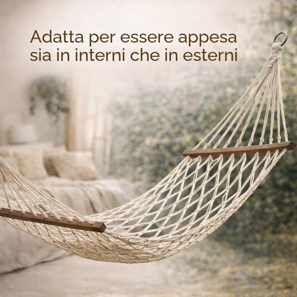 Amaca Macramé in cotone 270 x 80 cm (zona utile 190 x 80 cm), Amaca in rete stile boho per giardino, terrazza, interno, campeggio, camper o caravan,