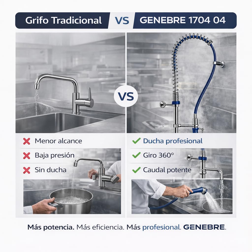 Genebre - Grifo Industrial 1704 04 | Columna de Prelavado Alta con Ducha Extraíble y Caño Giratorio | Cocina Profesional, Hostelería, Acero Inoxidable AISI 304, Montura Cerámica, Antical