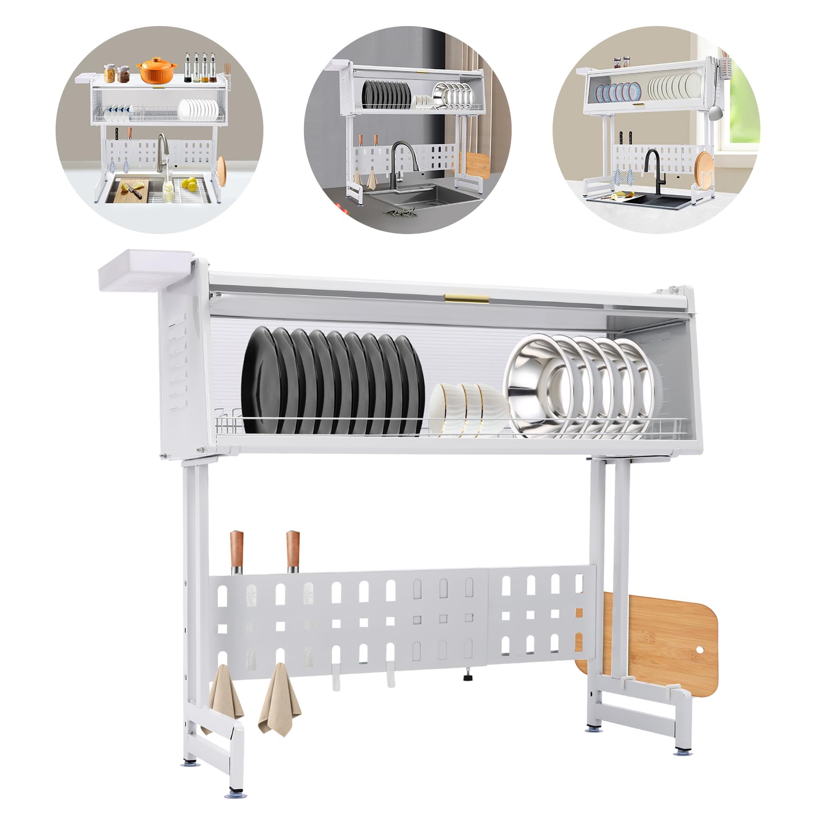 Abtropfgestell Geschirr Trockengestell über der Spüle, 3 Ebenen Kohlenstoffstahl Geschirrständer Dish Drying Rack, Erweiterbar Geschirrabtropfgestell Großes Geschirrtrockner für Küchentheke (Weiß)