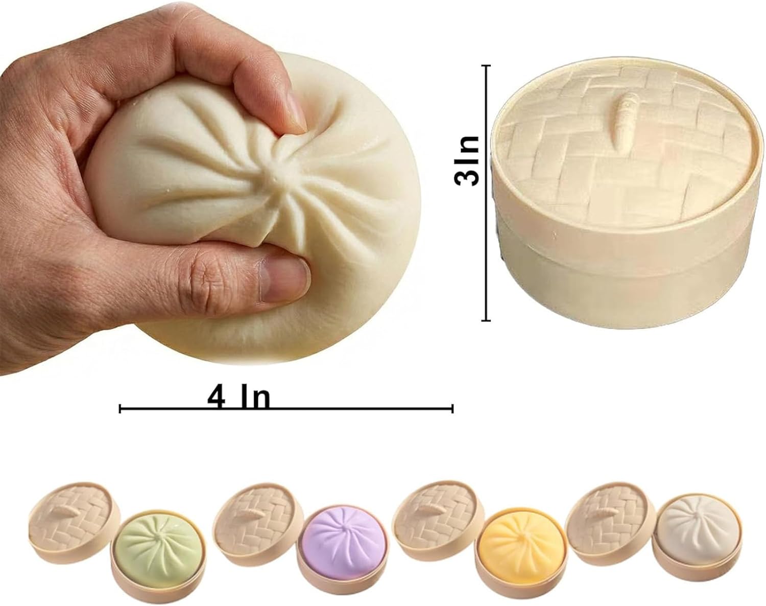 4Pcs Tie Dye Dumpling Squishy, Colorful Bao Bun Toy, Oversized Jumbo Dumpling Squishy Stress Relief, Fun Dumplings Squish Mini with Food Steamer, Anxiety & Stress Relief for Adults