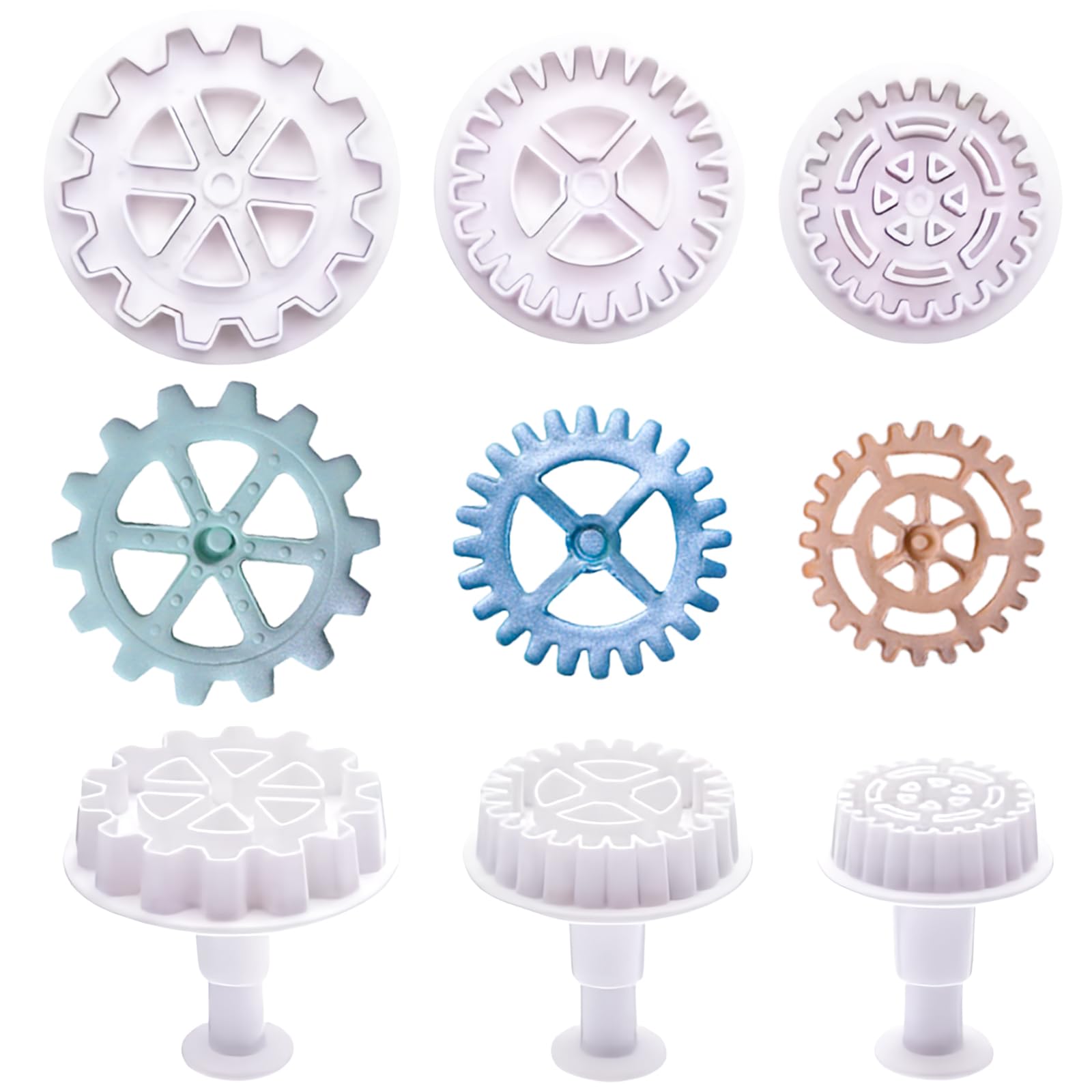 6 PCS 3D Gear Modeling Moulds Steampunk Cogs Plunger Molds Plastic Gear Cookie Cutters Gear Shape for Fondant Chocolate Cake Cupcake Sugarcraft Decorating Baking Tools