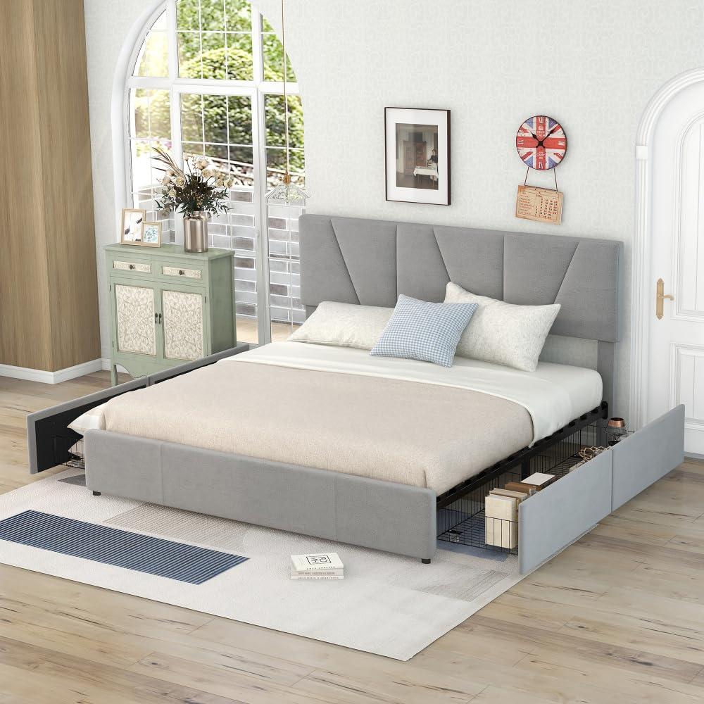 Cama de Matrimonio tapizada, Plataforma con 4 cajones en 2 Lados, cabecero Ajustable, no Necesita somier (160 * 200cm-gris)