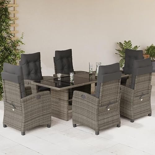 7-Piece Grey PE Rattan Dining Set, Reclining Chairs, Tempered Glass