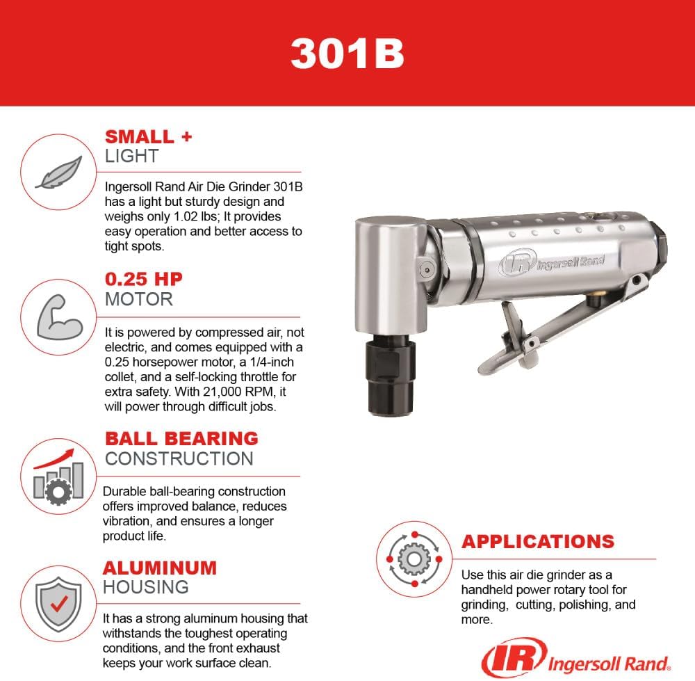 Ingersoll Rand 301B Air Angle Die Grinder, 21,000 RPM, 0.25 HP, 1/4" Collet, Front Exhaust 301B - Air Angle Die Grinder
