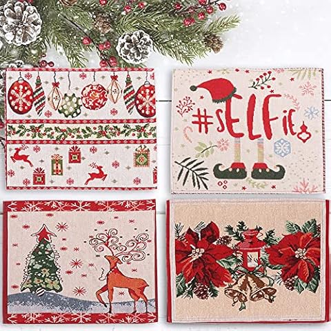 MELAJIA Christmas Placemats Set of 4 for Dining Table Poinsettia Forest Reindeer Vintage Snowflakes 13x17 Inch Winter Holiday Woven Table Mats for Home Party Kitchen Dining Decor Cover